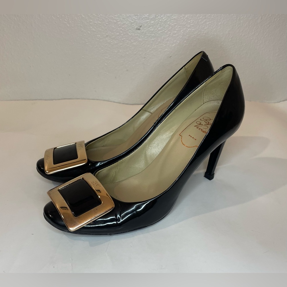 Roger‎ Vivier Belle Vivier Pumps Patent Black Leather Heels Size 6.5 (36.5)